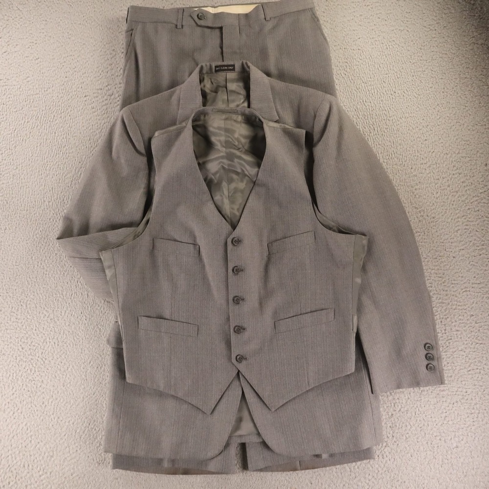3 Piece Suit 44R L 34x29 Gray Pinstripe Wool Polyester Jacket Vest Pants